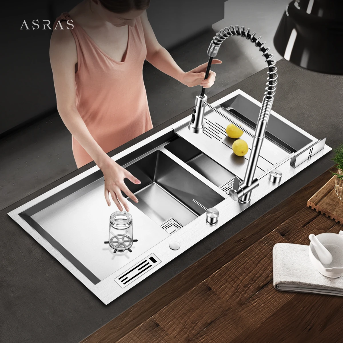 ASRAS 304SUS stainless steel kitchen large double basin handmade sink thickened panel 120cm long