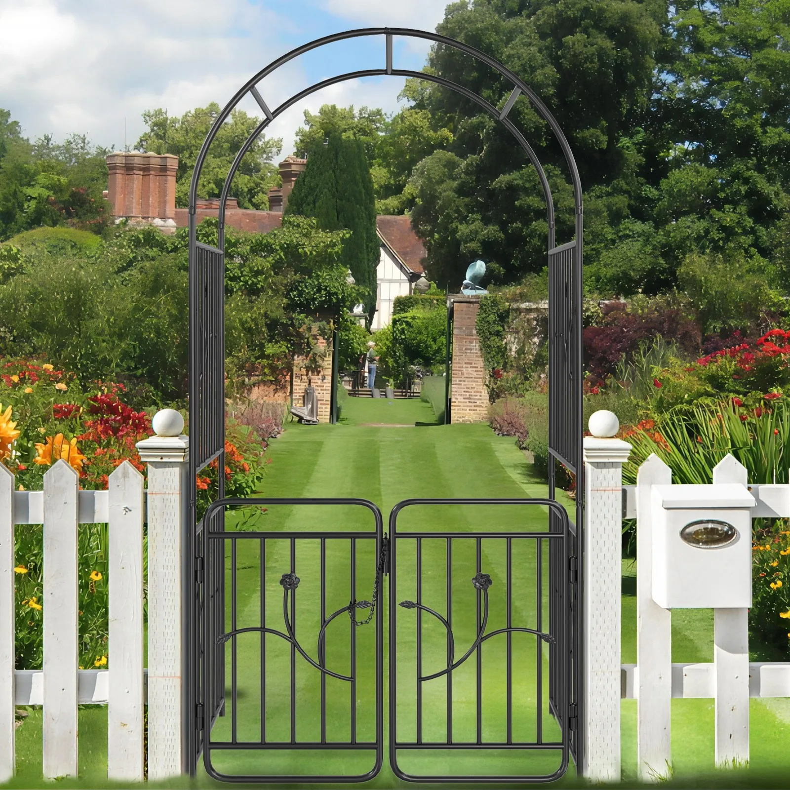 

Metal Garden Arch with Gate Garden Arbor Trellis for Climbing Plants Outdoor