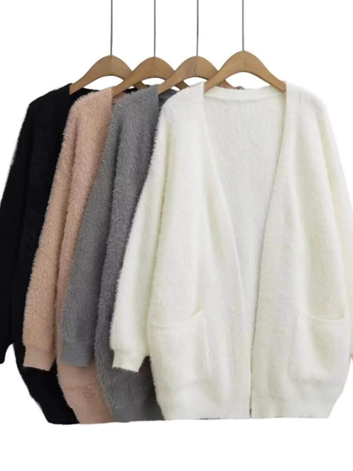 Macio aconchegante preguiçoso pele de vison malha aberta cardigan solto emagrecimento feminino longo sve v-ne camisola jaet inverno rua sle