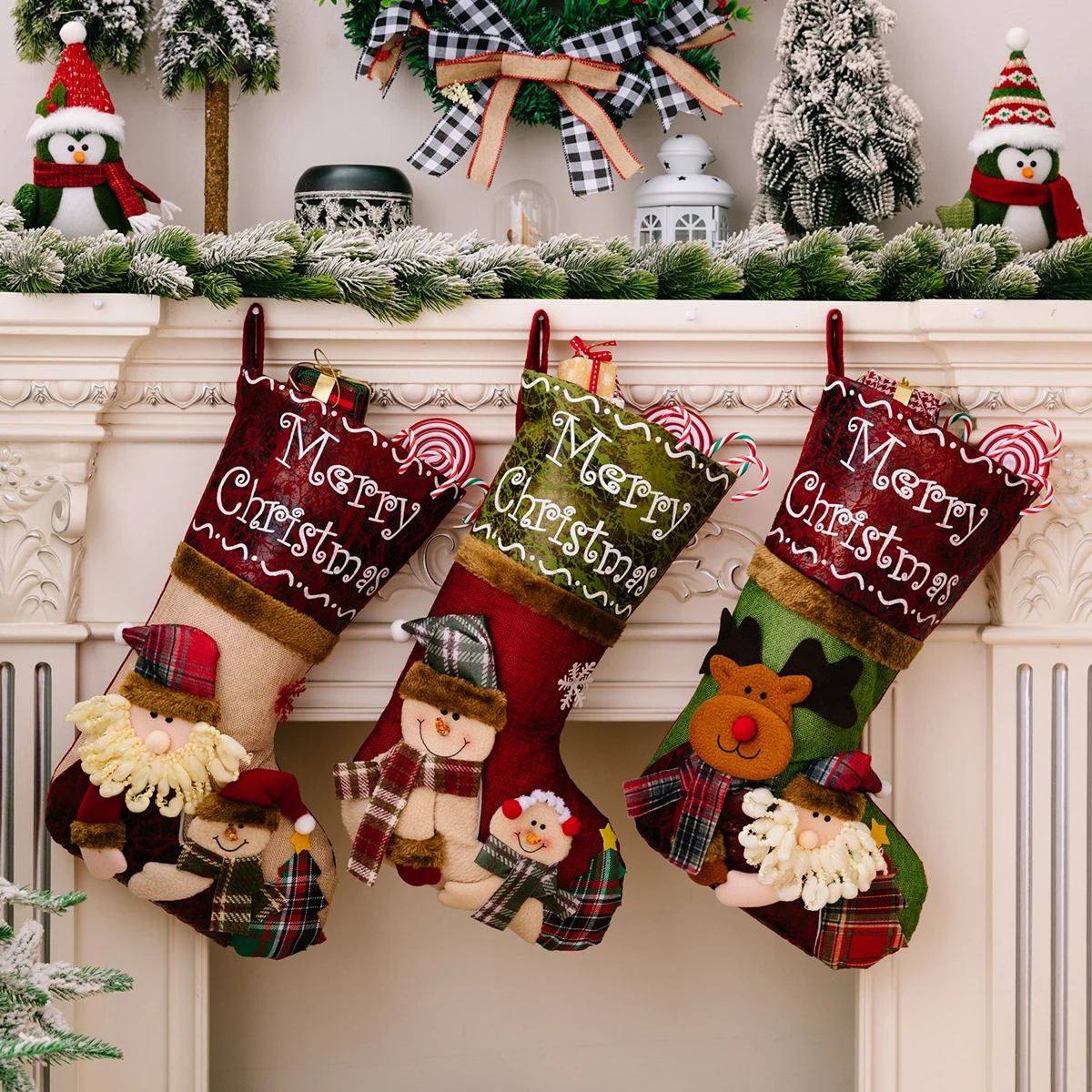 

3D Cartoon Christmas Stocking Socks with Snowman Santa Deer Design Wall Or Fireplace Hanging for Collecting Christmas Gifts