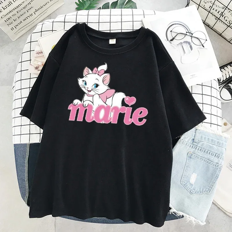 Cute Kawaii Marie Cat Tshirt Summer Holiday Tops Casual Ulzzang Oversized Women T-shirts Streetwear Harajuku Short Sleeve Tshirt