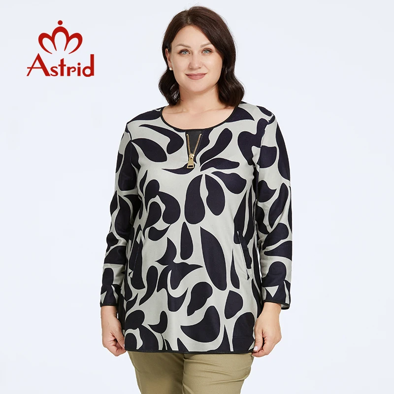 Astrid Women's t-shirt 2023 Fleece Top Female Plus Size Long Sleeve Pocket Vintage Fashion Drop Print Basic Clothing Female Tees