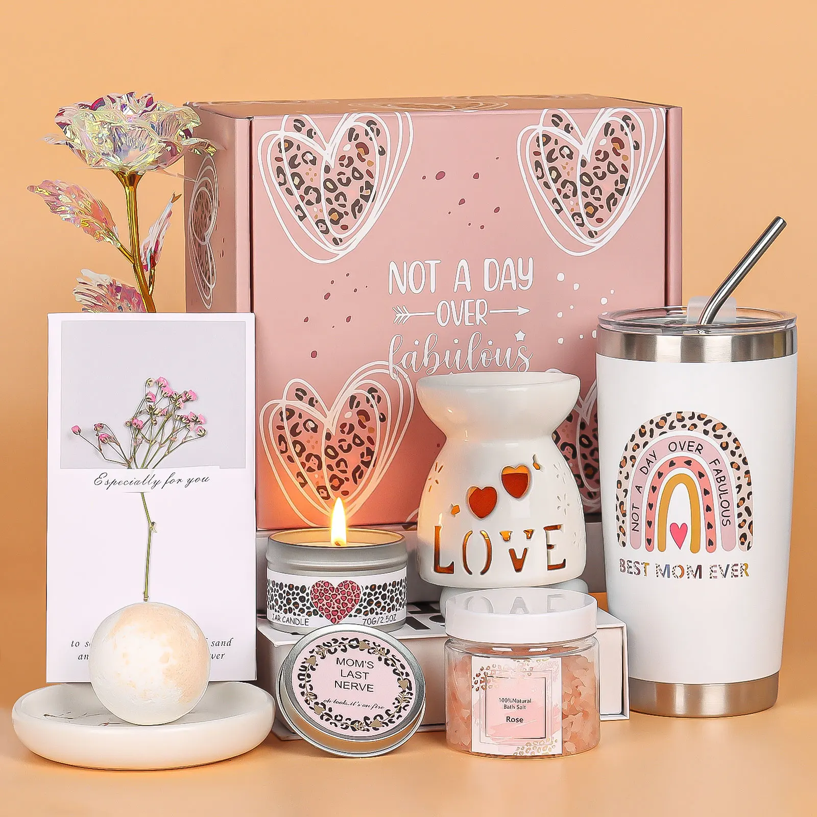 1 Set Mothers Day Gift Pack Includes Ceramic Candle Holder Greeting Card Bath Bombs Artificial Flower Bath Salt Scented Candle S