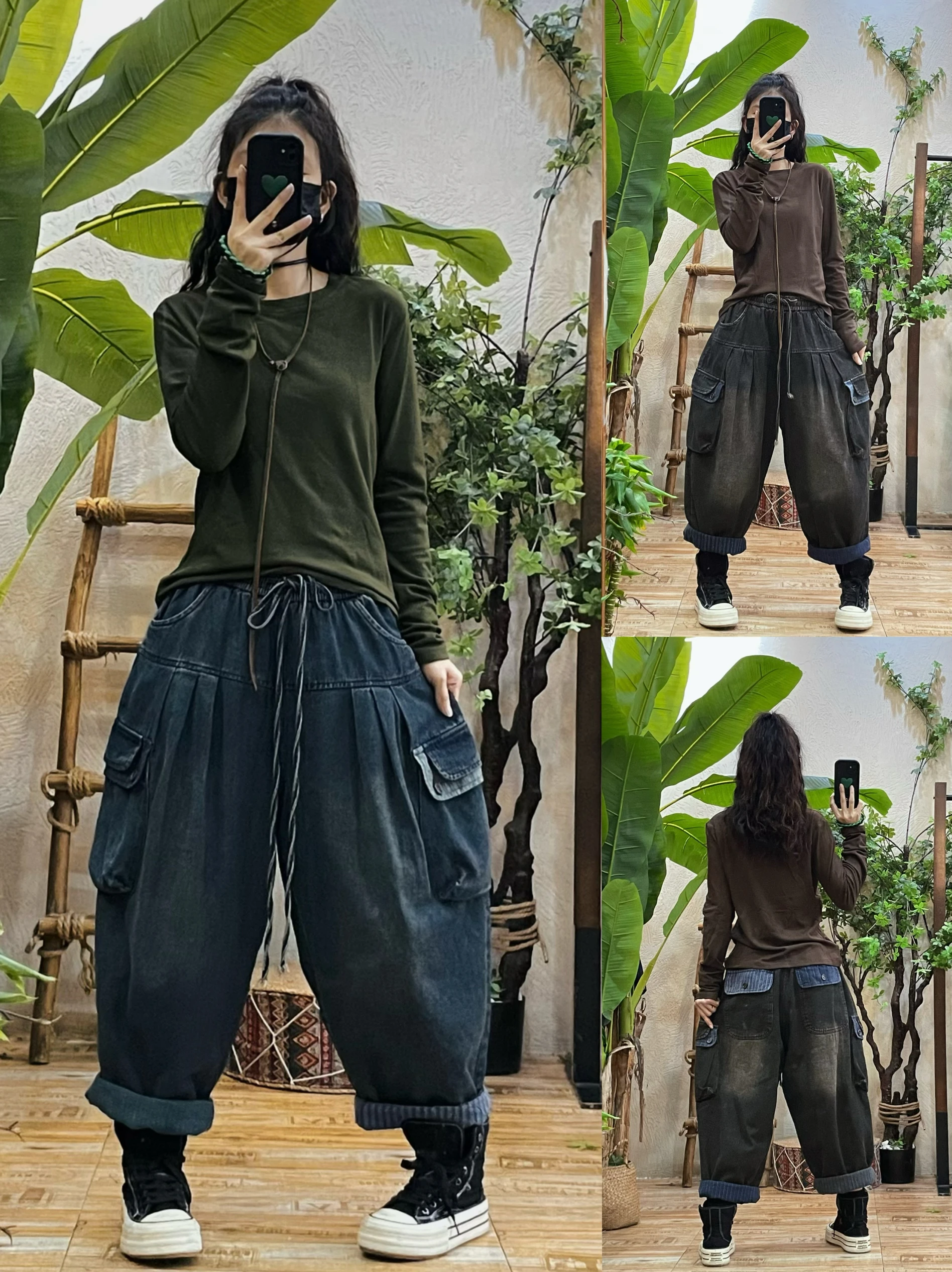 

Джинсы из дыма в стиле ретро, женские зимние свободные повседневные брюки из девяти предметов Harlan, рабочая одежда, нижняя часть на талии