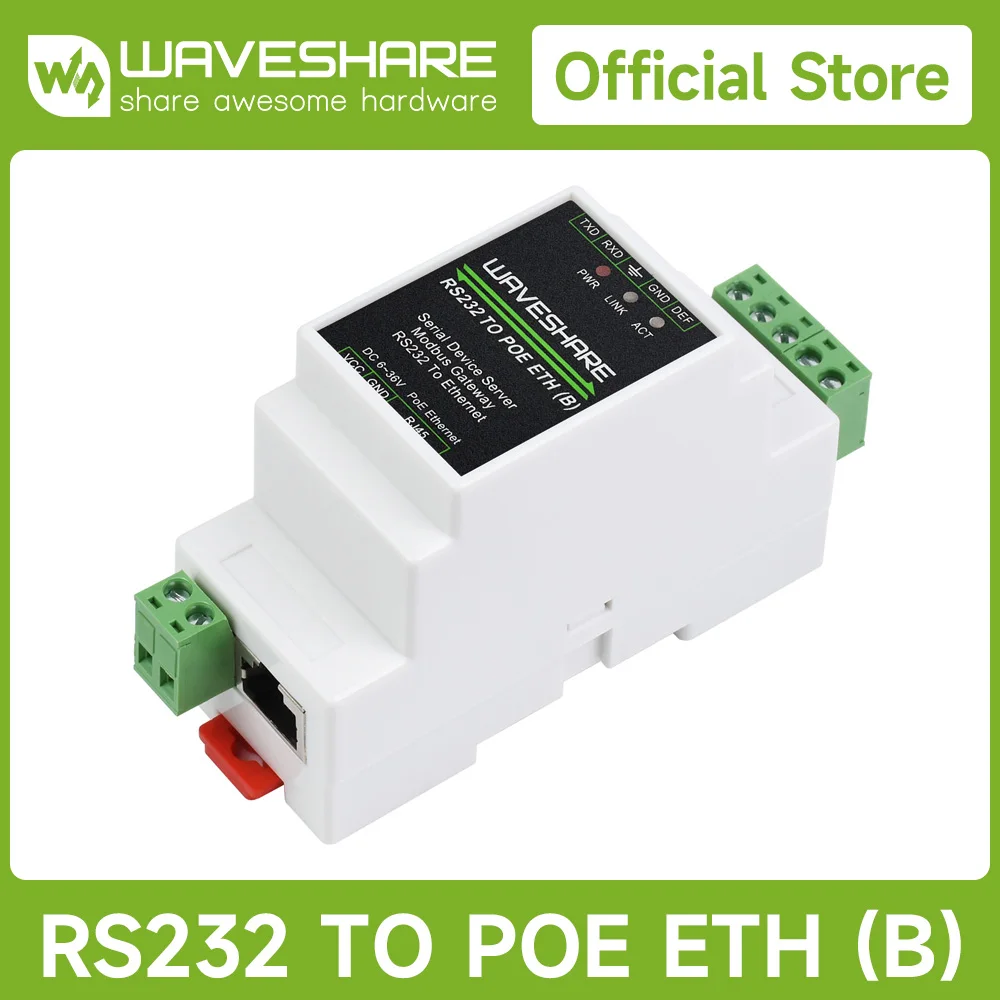 Waveshare RS232 To RJ45 Ethernet TCP/IP To Serial Industrial Serial Server Rail-Mount Support, Modbus RTU Modbus TCP