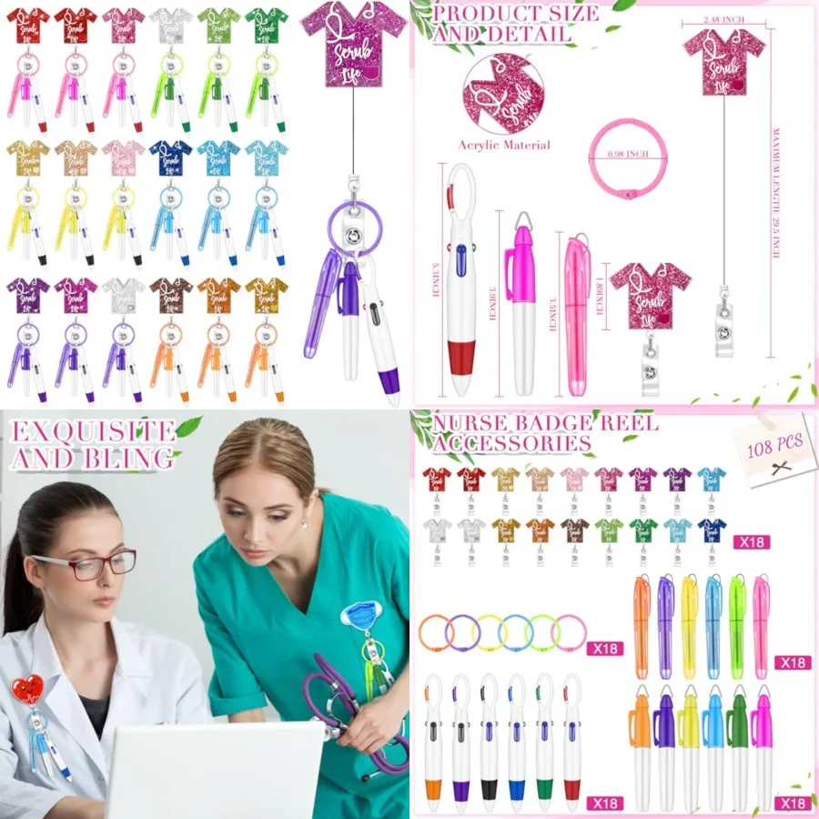 

90 Pcs Nurse Badge Accessories, Nurse Pen Set Include Retractable Badge Reel Clips, Ballpoint Pens, Markers, Highlighters, Keyc