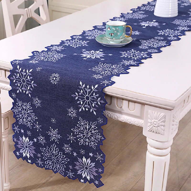 

Christmas Blue Snowflake Linen Table Runners Dresser Scarf Decor Washable Kitchen Dining Table Runners Christmas Decoration