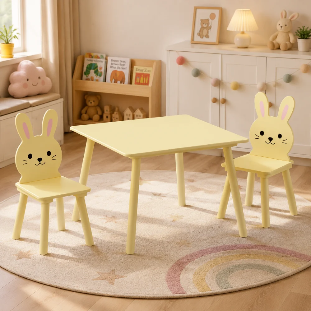Orraves Kids Table and Chair Set with 2 Bunny Chairs, Children's Wooden Activity Table for Toddlers, Cute Animal Design Study Play Set for Playroom, Bedroom, Classroom - Cream Yellow