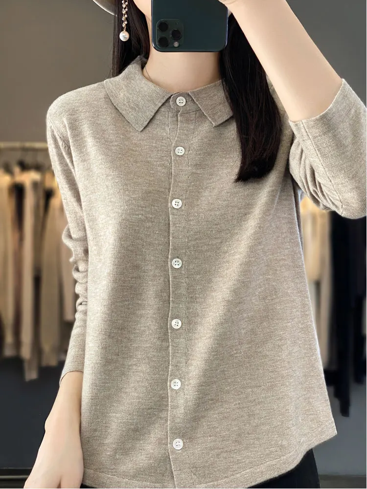 Spring Summer Women Female Polo Neck Knitted Long Sleeve Pullover Sweater Soft Solid Comfortable Casual