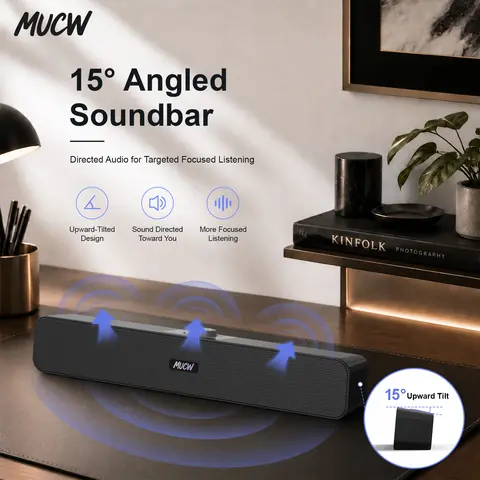 MUCW USB Soundbar For Laptop Desktop 15 Degree Angled Design Stereo Sound 3.5mm Audio USB Powered Plug And Play Wired Speaker For Work Music Video Call