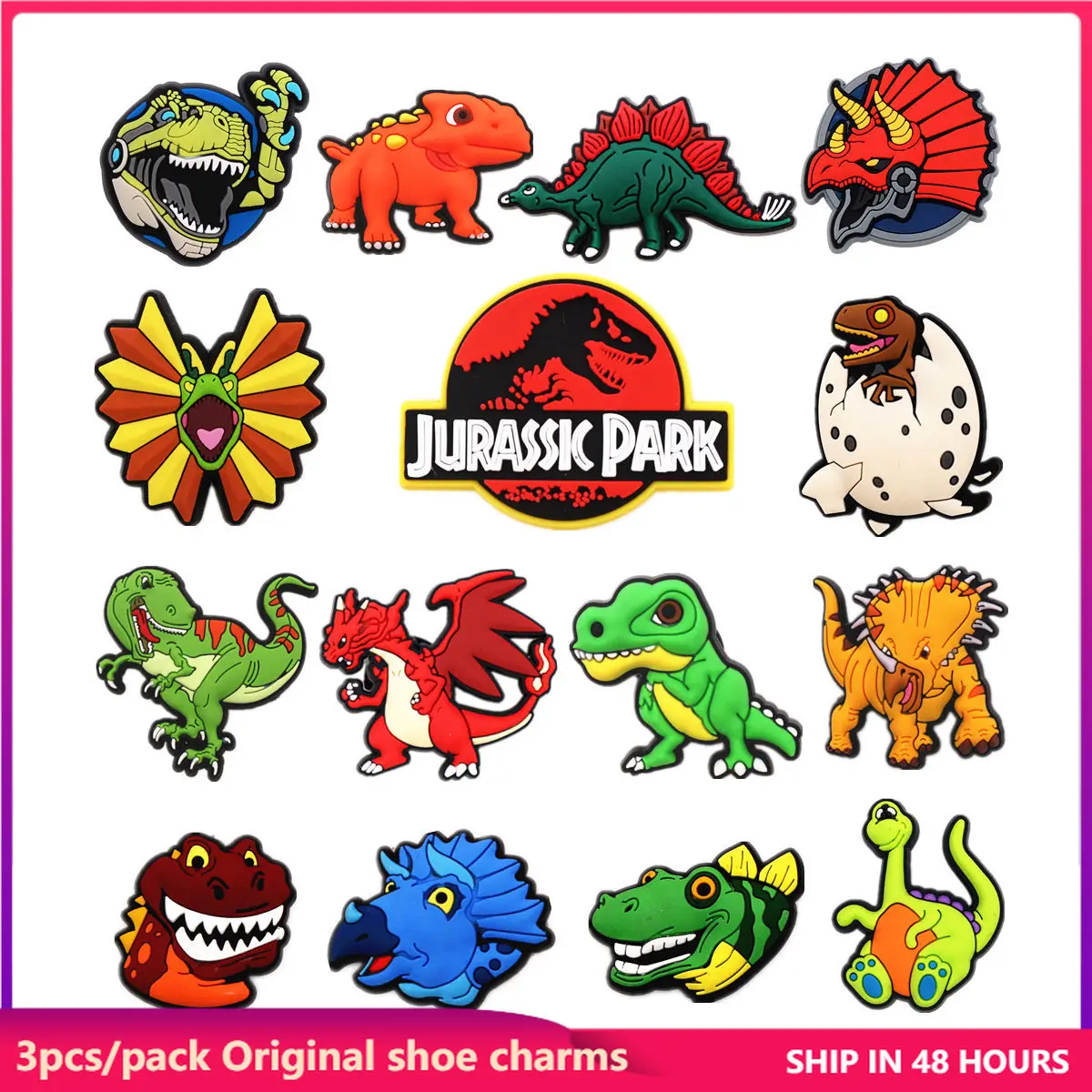 

3 Pack Original Dinosaur Park PVC Shoe Charms Accessories Jurassic Raptor Sandal Decorations Rex for Kids Party X-mas Gifts