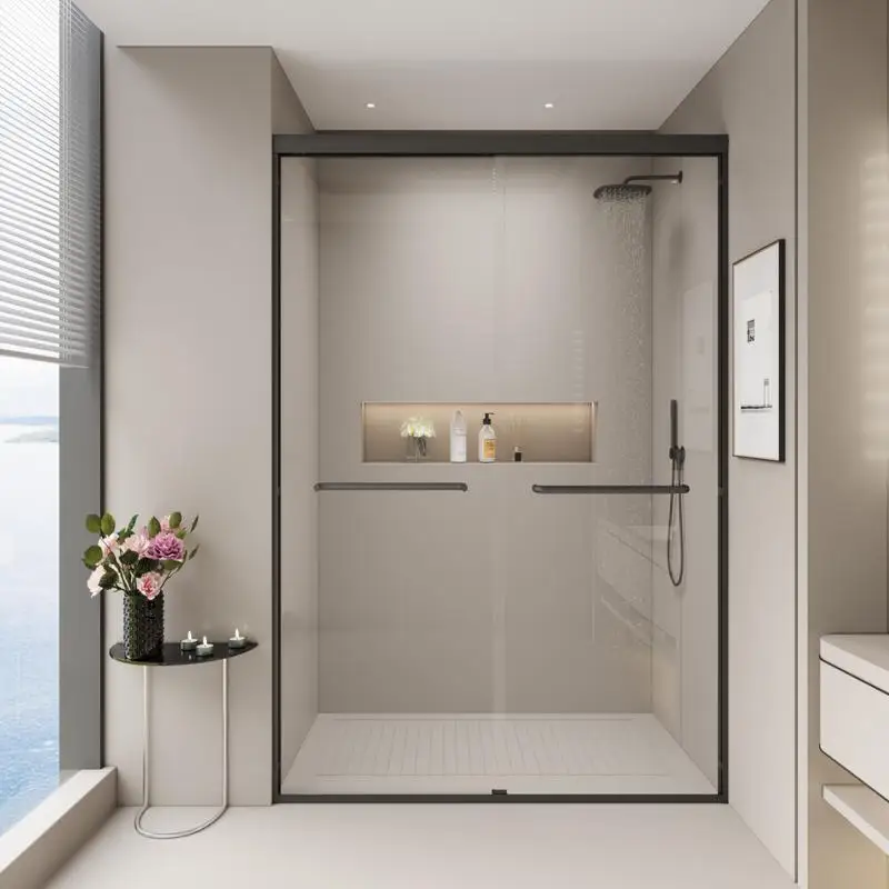 

44-48 in. W x 72 in. H Double Sliding Shower Door, Semi-frameless, 1/4 in. (6mm) Tempered Glass for Walk-in Shower, Matte Black