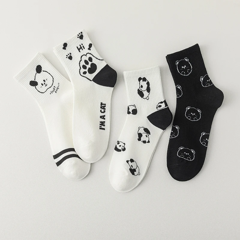 Kawaii Women Crew Socks Japanese Korean Style Cartoon Animal Cat Dog Panda Pattern Streetwear Black White Casual Female Socks