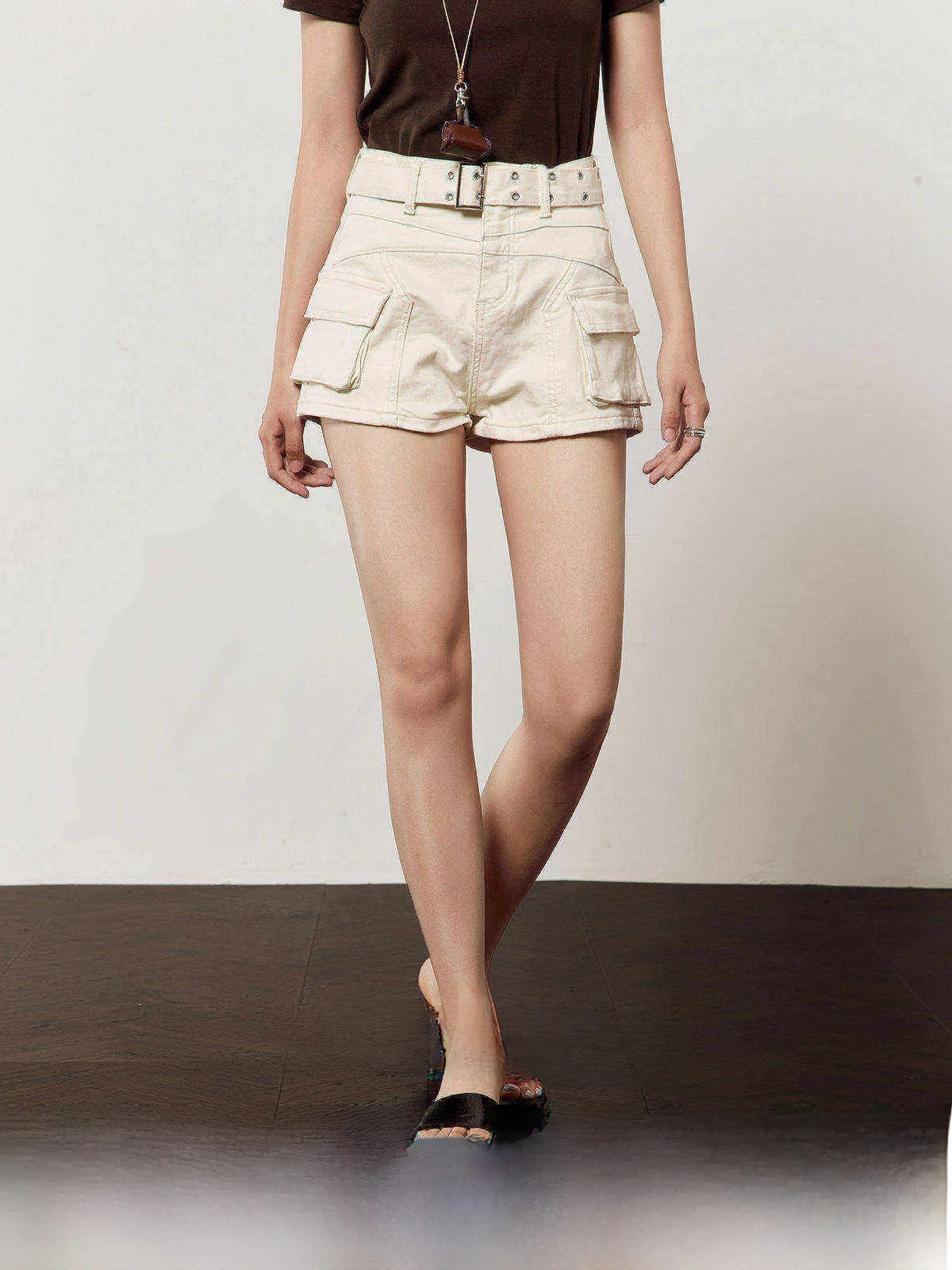 

High Waist Pure Color Denim Shorts Women's Summer New Style Belted Spicy Girl Casual Wide Leg Pants Thin Denim Fabric Zipped