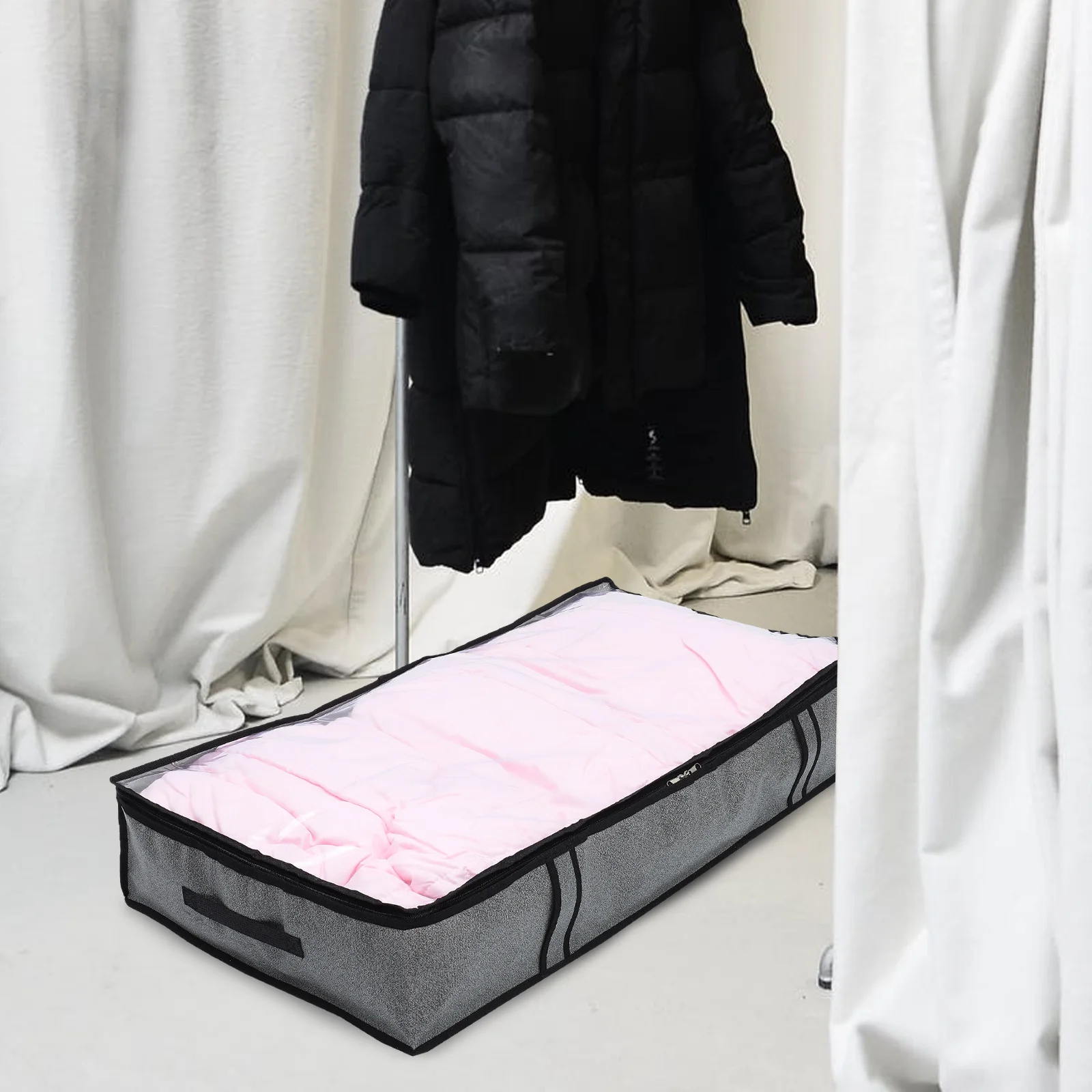

Foldable Dust proof Quilt Storage Bag Bed Bottom Clothes ganizer Zipper Transparent Panel Heavy duty H Fold Flat