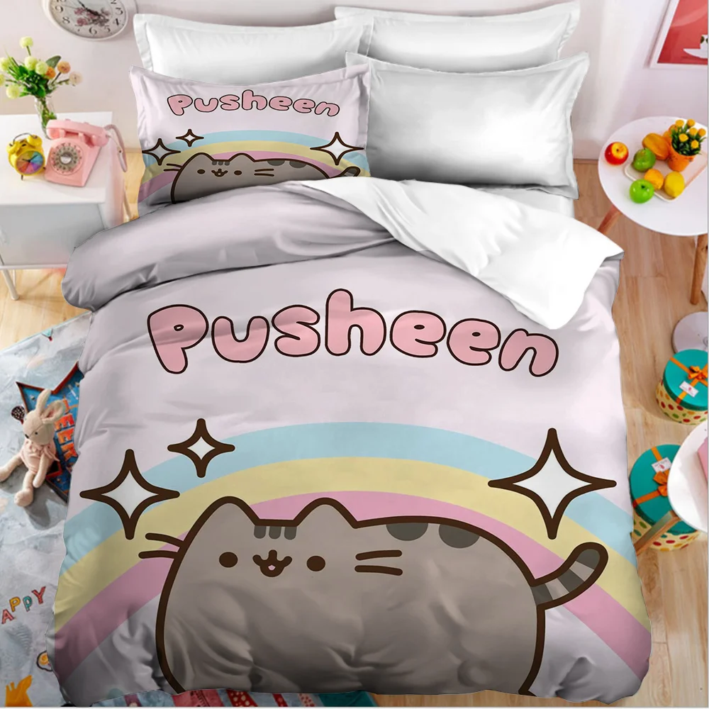 Pusheen Bedding Set Cartoon Cat Duvet Cover with Pillowcase Cute Anime Children 2pcs Quilt Covering Home Bedroom Decoration Gift