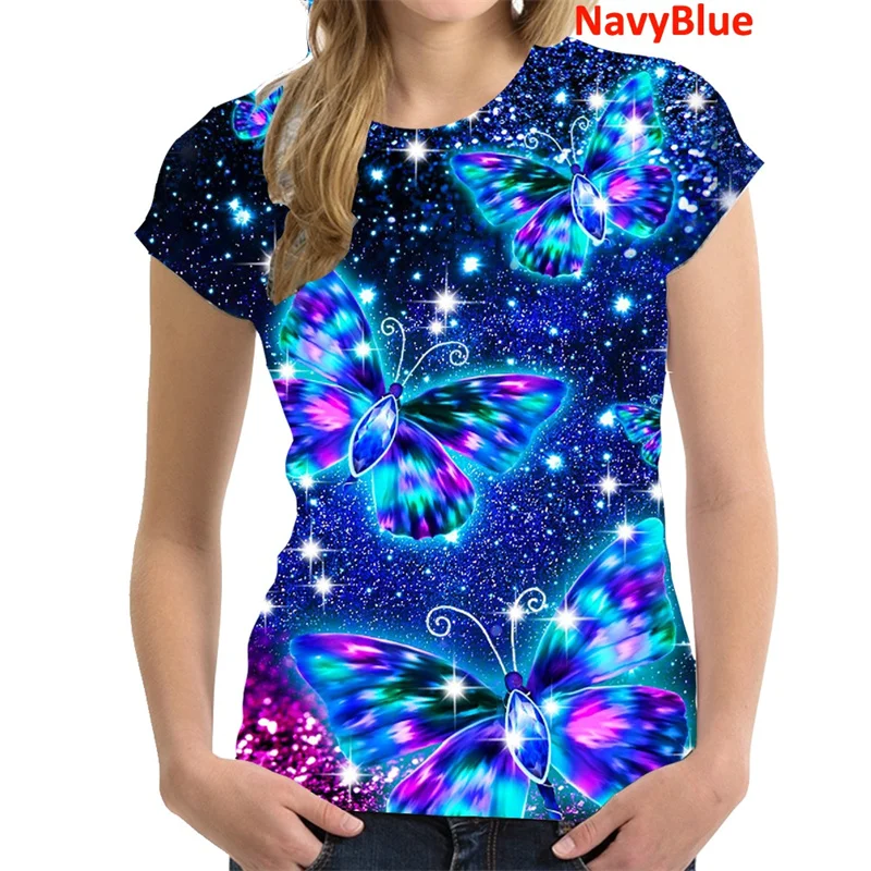 Butterfly Flower Pattern T-Shirt Women Colorful 3D Printed T Shirts Summer Casual Harajuku Loose Tops Short Sleeves O-Neck Tees