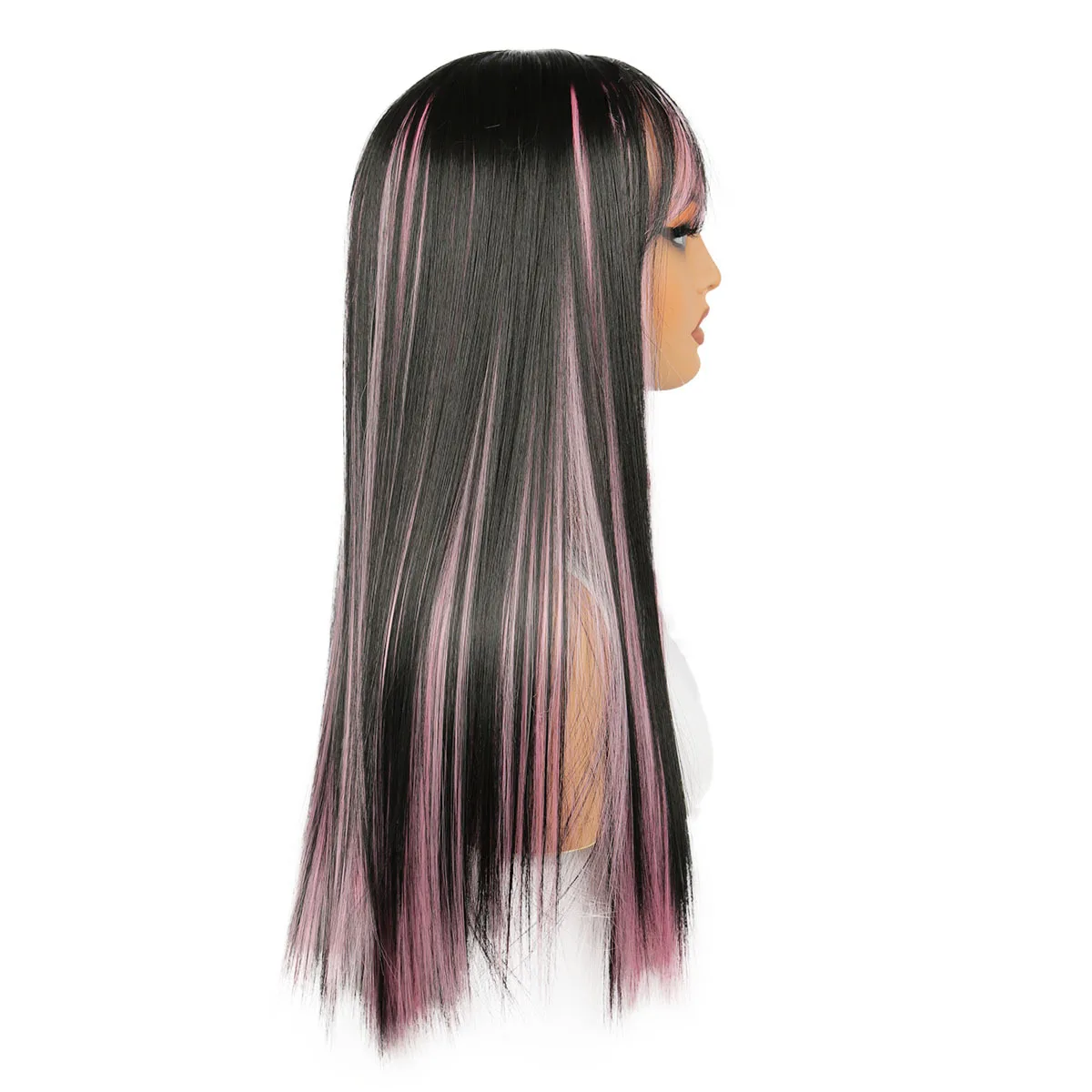 Qi poni intercolor rambut lurus panjang wig wanita serat kimia penutup kepala penuh hitam merah muda highlight warna fashion