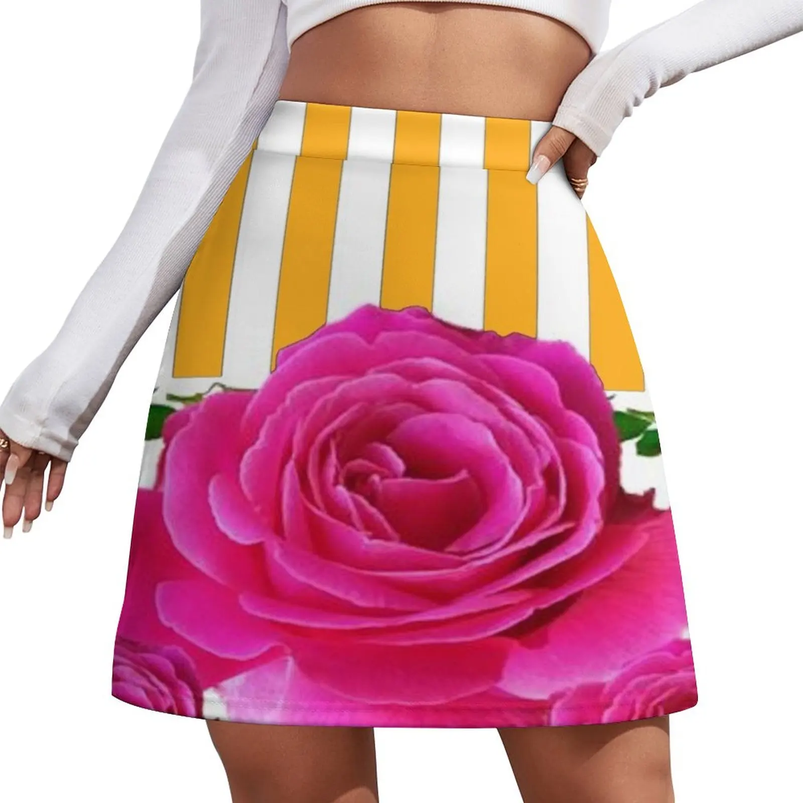 

PINK ROSES WITH GOLD-WHITE STRIPES SPRING FLOWERS Mini Skirt 90s aesthetic fashion Short skirts
