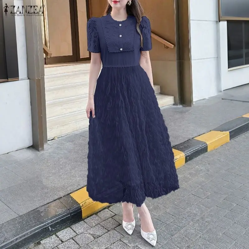 ZANZEA-Vestidos largos acampanados de malla y encaje para mujer, vestido largo elegante para fiesta de invitados de boda, manga corta abombada, cintura ajustada 3XL