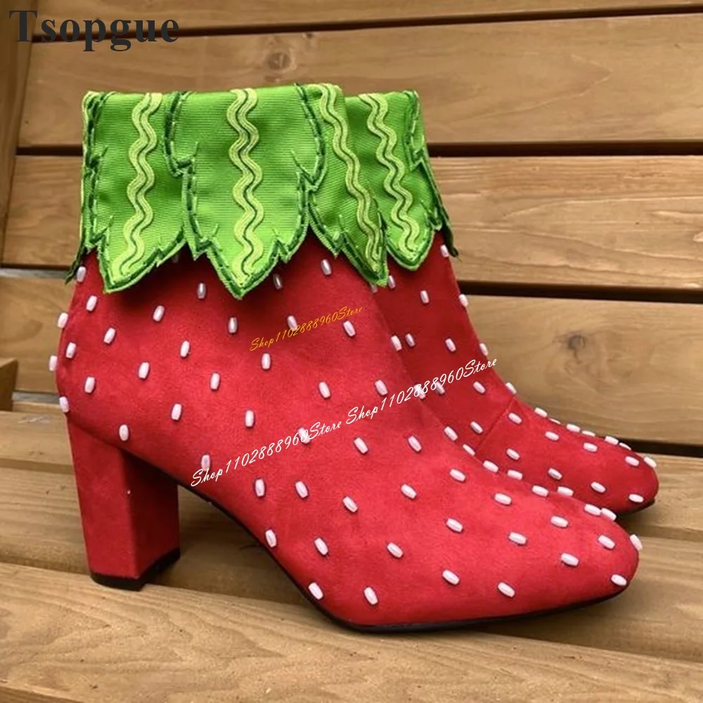 

Stylish Red And Green Strawberry Ankle Boots Thick Heel Women Shoes Side Zipper Round Toe 2024 Fashionable Zapatos Para Mujere