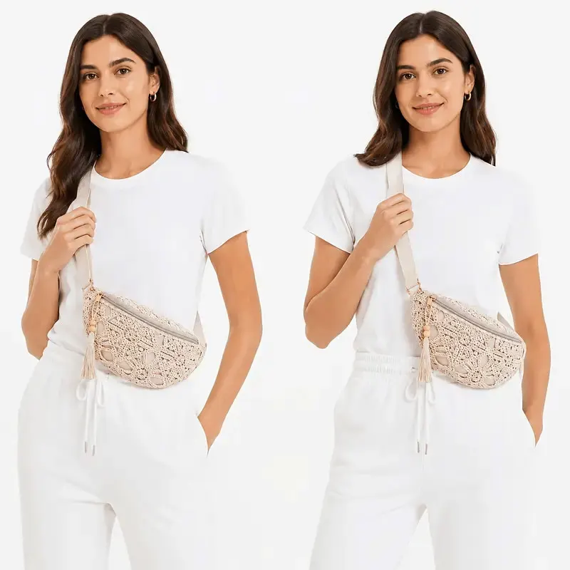 1 Stück Boho-Stil Spitzen-Gürteltasche und 1 Stück Quastenanhänger, Gehäkelte Gürteltasche, Boho Crossbody-Gürteltasche, Beige Spitzen-Umhängetasche für Damen, Musikfestival-Spitzen-Gürteltasche – Detail 4