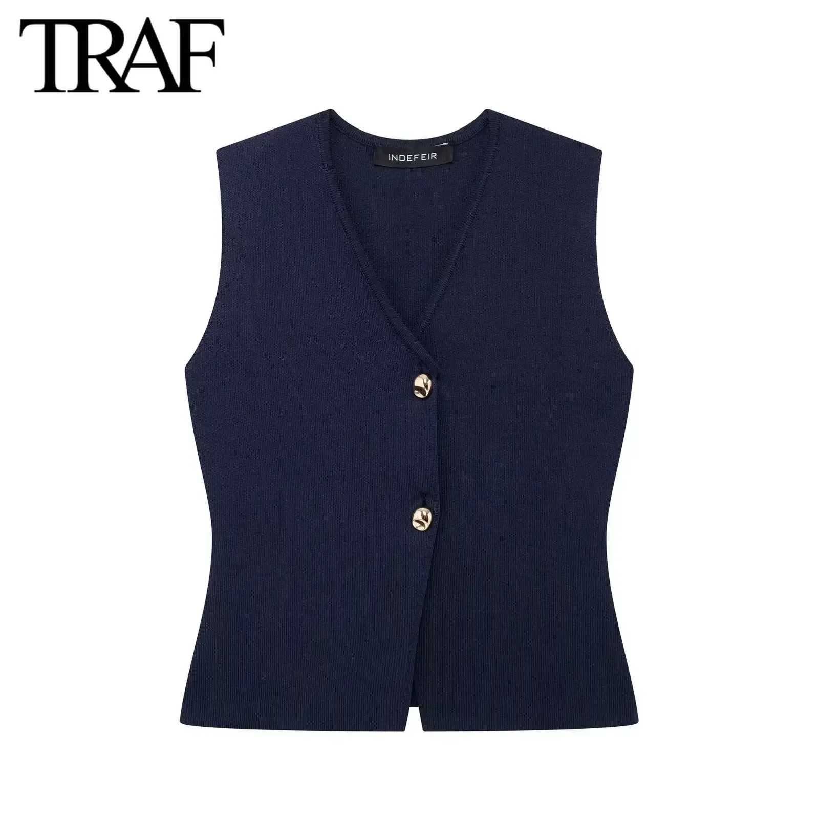 TRAF Women Fashion New Sleeveless V-neck Gold Button Single Breasted Cardigan Knitted Sweater Short Vest Sweet Chic Ladies Tops