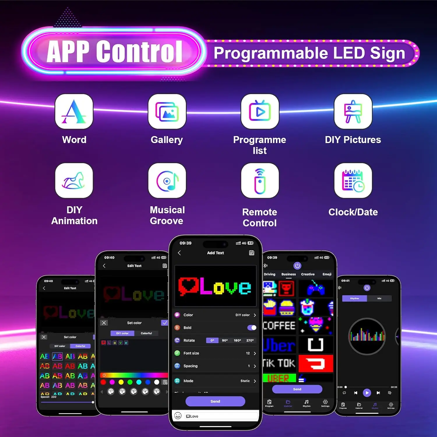 10.6''x4.7'' 5V/2A Scrolling LED Double Row Programmable LED Light Sign Car Display Text Graffiti Animations Bluetooth Control
