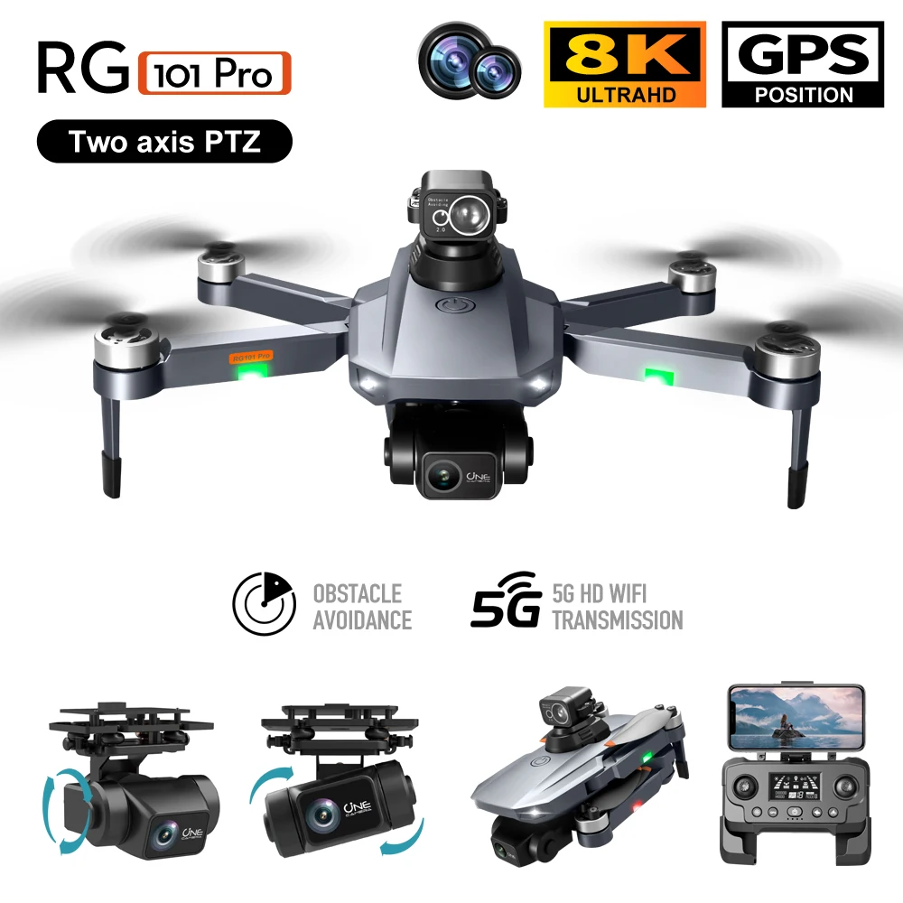 RG101 Pro Drone Cardán de 2 ejes 360 °   Evitar obstáculos HD Cámara dual Fotografía aérea GPS sin escobillas Recorno plegable Quadcopter