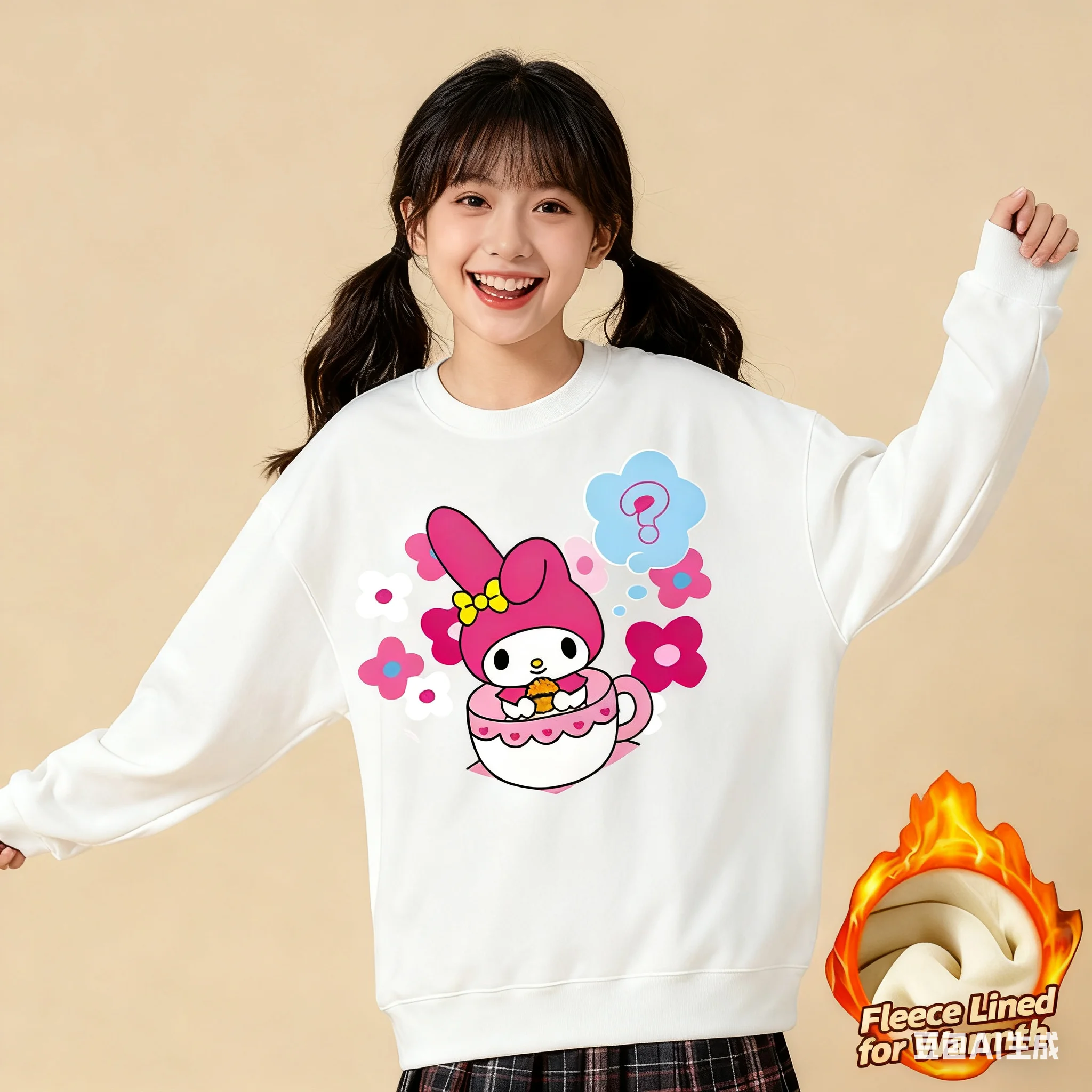 

Sanrio Series Printed Crew Neck Long-Sleeve Top, Cute and Warm Fleece-Lined Crew Neck Long-Sleeve T-Shirt, 100% Cotton