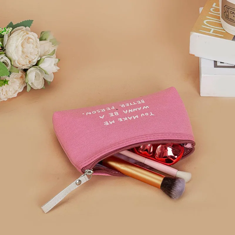 Women Girls Travel Canvas Cosmetic Bag Letters Print  Skincare Storage Makeup Cosmetic Bag for Daily Use Student Pencil Case