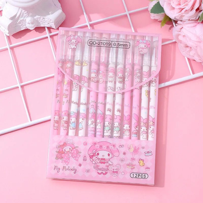 Sanrio Erasable Neutral Pen Set Hello Kitty Mymelody Kuromi Kawaii Cartoon Stationery 12pcs 0.5mm Blue Black Students Gifts