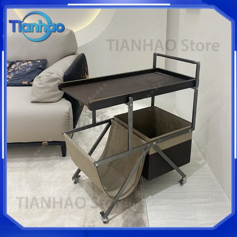 Vintage Woven Saddle Leather Cart with Solid Wood Frame Side Table for Living Room Sofa Wabi Sabi Style Mobile Storage Tea