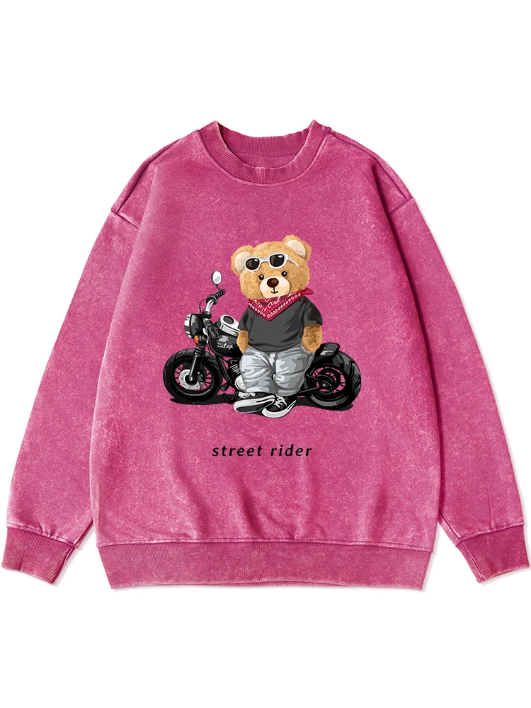 Motorcycle Enthusiast Street Rider Printing Distressed Washed Sweatshirt Women'S Simple Retro Street Oversize Autumn Pullover