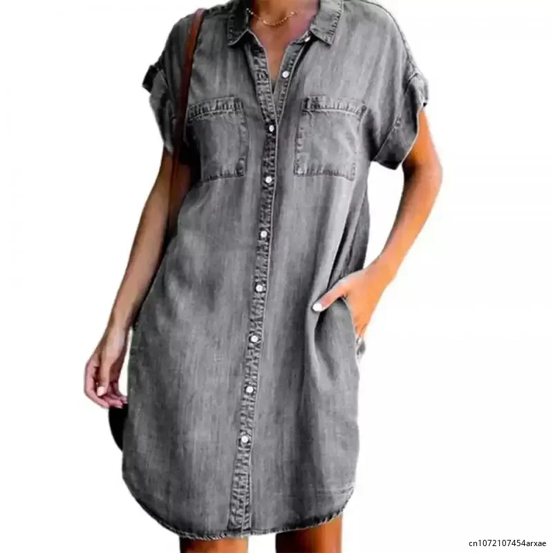 Fashion Style Summer Women Denim Dress Short Sleeves Loose A-Word Dresses s V-neck Solid Denim Dresses Shirt Dress