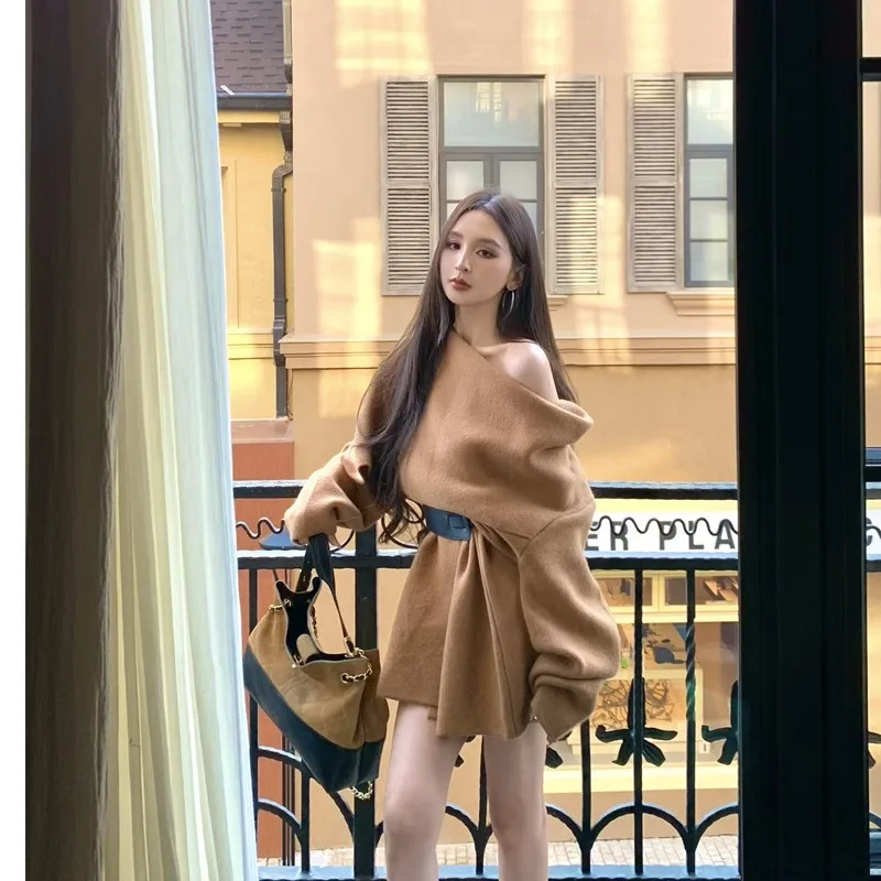 

Loose Knitted Sweater Coat with Scarf Ne Design Lazy Sle Belted Autumn Winter Korean Faion Women's Long Sve Color