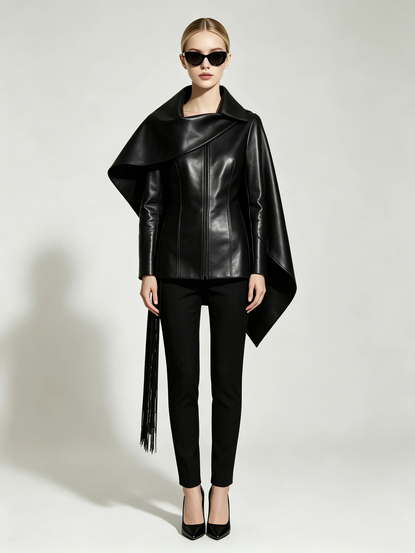 Women's Faux Leather Asymmetrical Cape Jacket with Oversized Collar and Side Fringe Detail