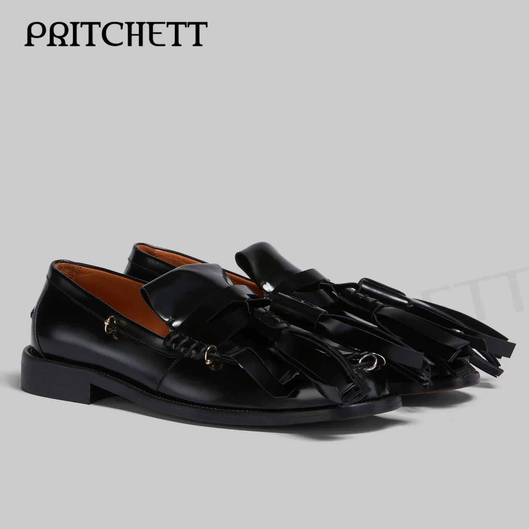 Metal Ring Tassel Loafers Round Toe Shallow Mouth Slip-On Casual Leather Shoes Fashionable Men's Large Size Leather Shoes