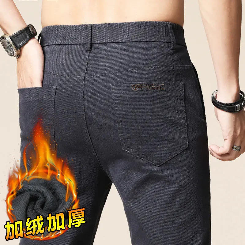 Fleece Jeans Autumn Winter Men Pants High Waist High Quality Cotton Brand Denim Trouser Warm Stretch Thick Black Gray Pants New