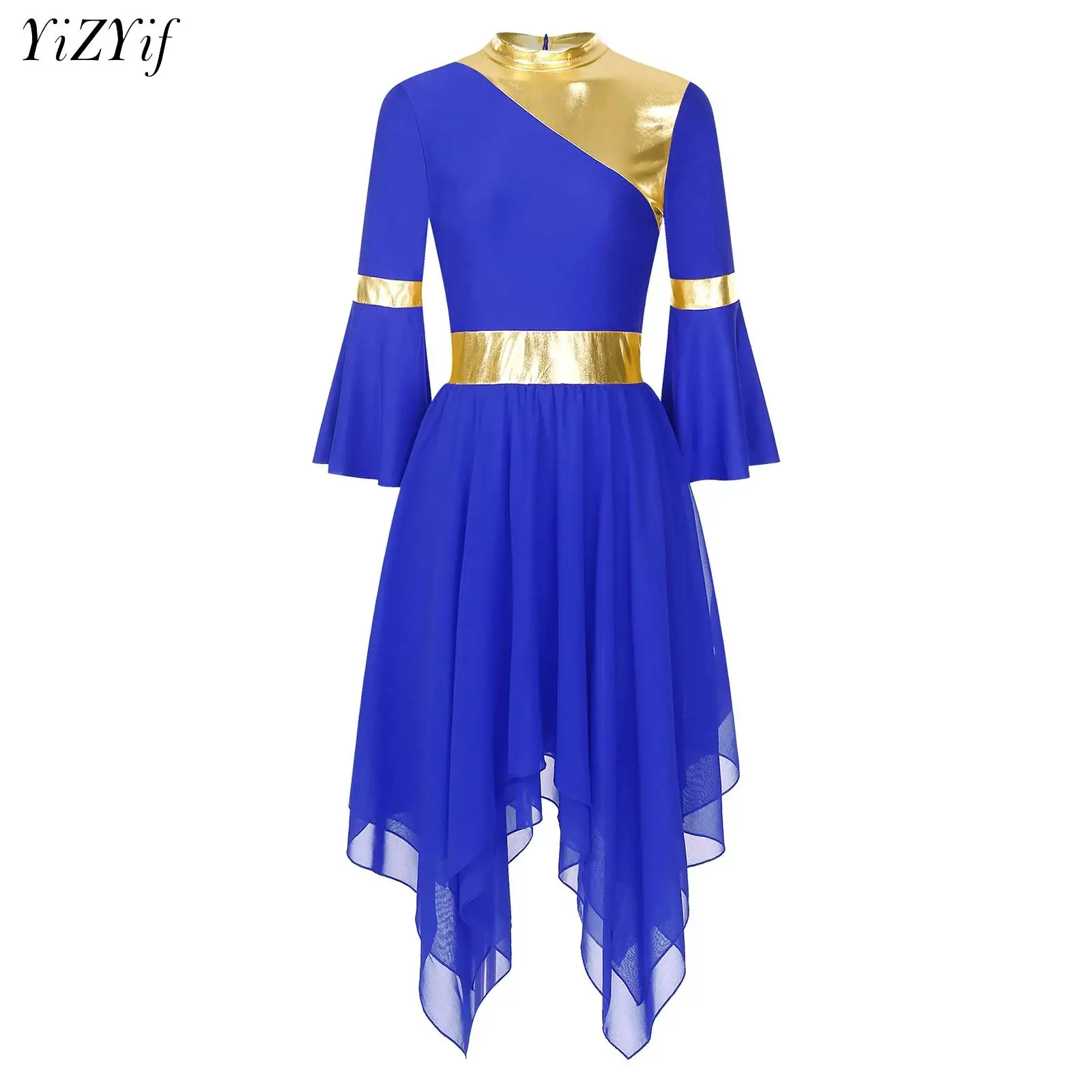 Women Modern Lyrical Praise Dance Dress Long Flare Sleeve Irregular Hem Dancewear Choir Church Worship Stage Performance Costume