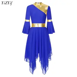 Women Modern Lyrical Praise Dance Dress Long Flare Sleeve Irregular Hem Dancewear Choir Church Worship Stage Performance Costume