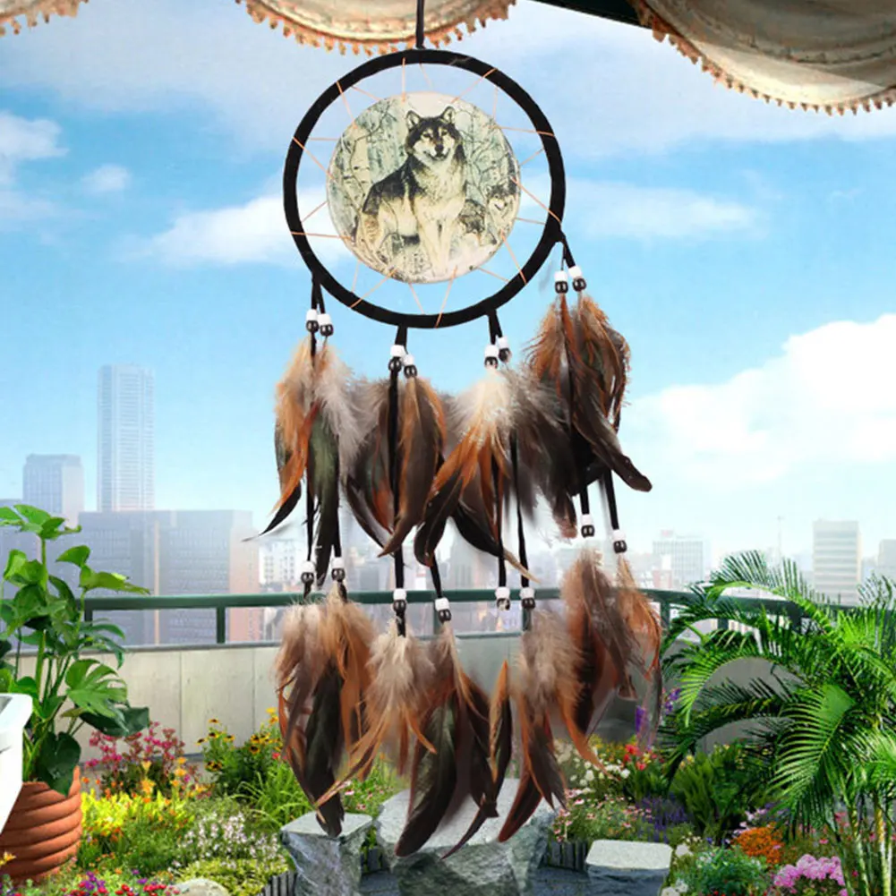 Wolf Totem Household Decorations Ornaments Props Hanging Circle Dream Catcher Crafts with Feather Bead Automobile Accessories