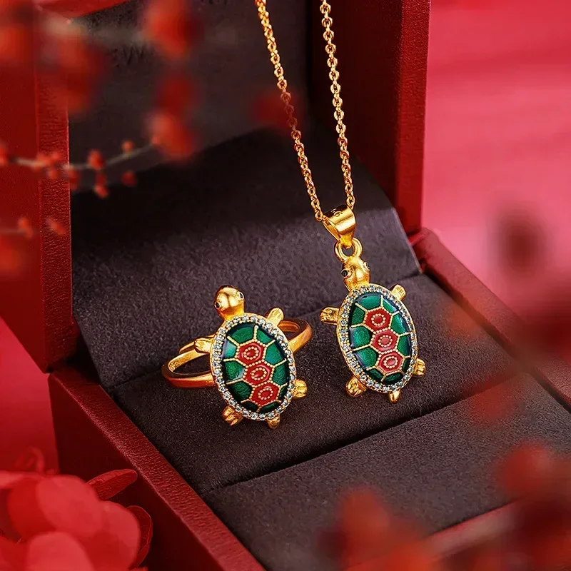 

9999 Real Gold 24K Cute Dot Diamond Enamel Turtle Ring Necklace Rich World Turtle Pendant Ring