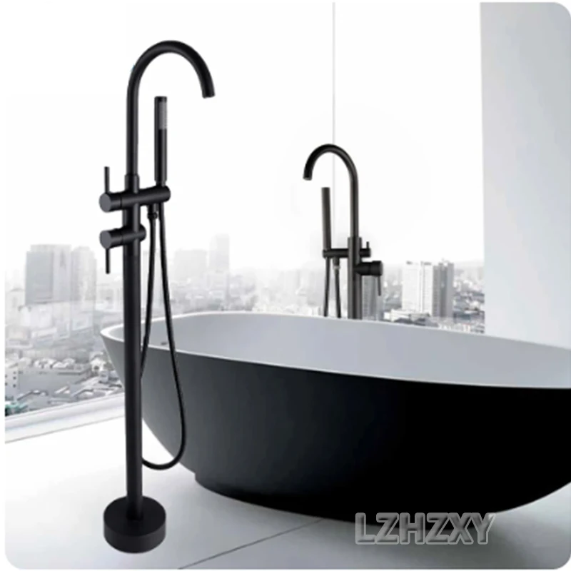 

Matte Black High Rise Round Spout Bath Mixer Tap Floor Mounted Bathtub Filler Hot Cold WaterShower Roman Tub Faucet Set