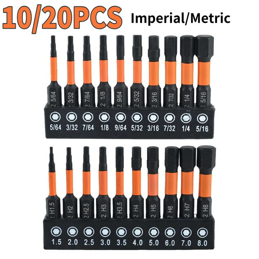 10/20pcs Magnetic Allen Wrench Drill Bit Set Metric&Imperial Hex Head Drill Bit Set Quickly Release 1/4 