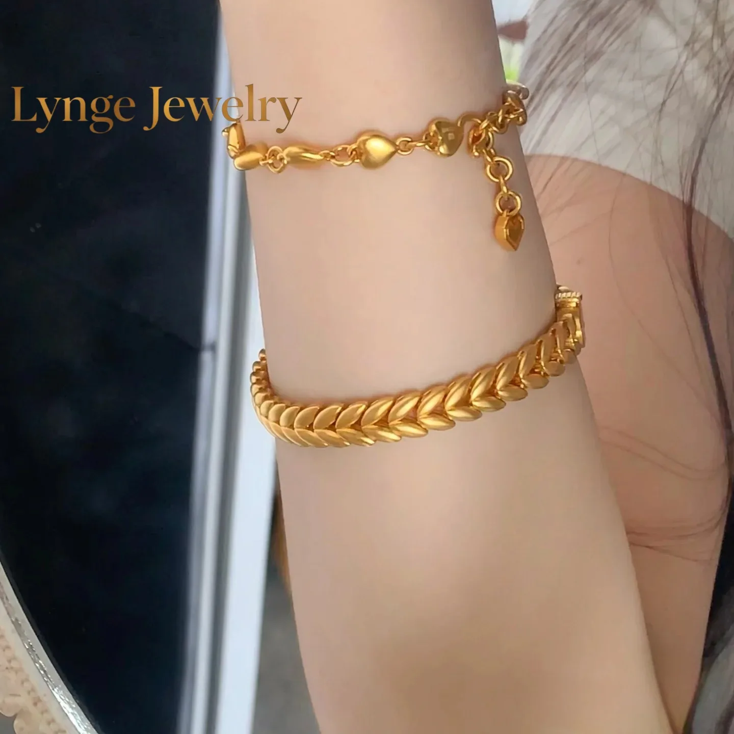 Lynge Jewelry Creative atmospheric  wheat ears and plain ring bracelet 24K real gold simple and versatile 9999 bracelet fashiona