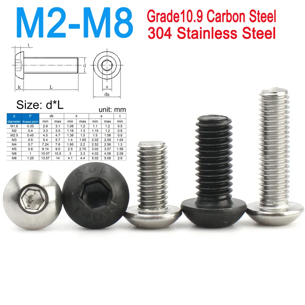 

M2 M2.5 M3 M4 M5 M6 M8 A2-70 304 Stainless Steel Grade10.9 Carbon Steel ISO7380 Hexagon Hex Socket Round Head Screw Bolt 5-50pcs