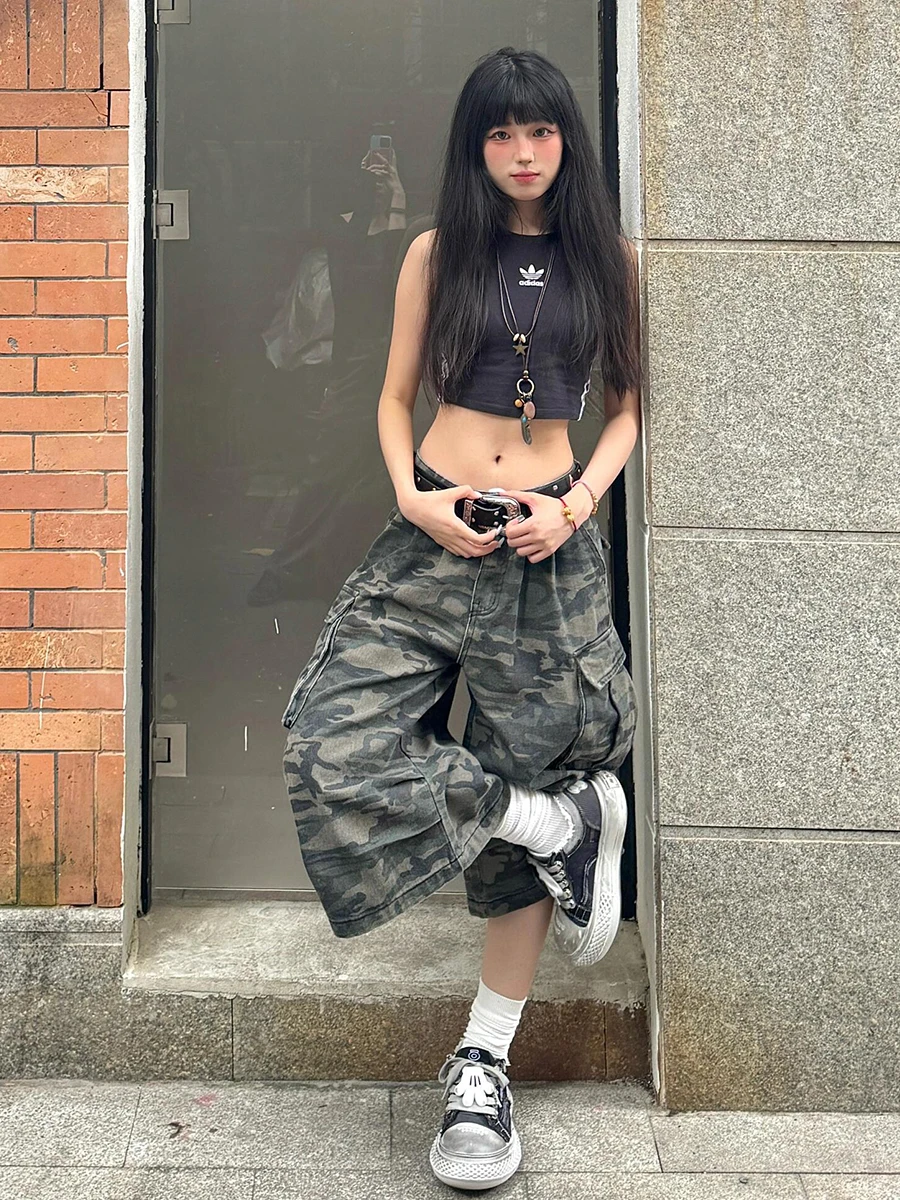 REDDACHiC Cargo Pockets Camouflage Baggy Jorts Women Pleated Pintuck Loose Casual High Rise Denim Shorts Harajuku Retro Clothes