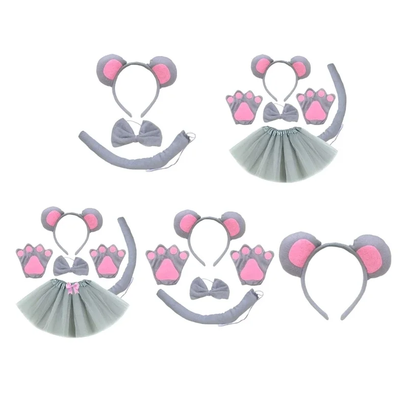 Children Boys Girls Role Play Mouse Costume Accessories Mouse Ears Headband Bowtie Gloves Tail Skirts for Party Stage Wear