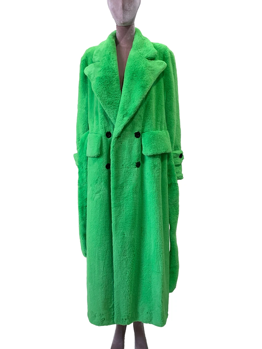 

Осень-зима оверсайз Extra Logn ярко-зеленое толстое теплое мягкое пальто из искусственного меха женское свободное повседневное пушистое пальто с поясом 2025 шуба искусственный мех